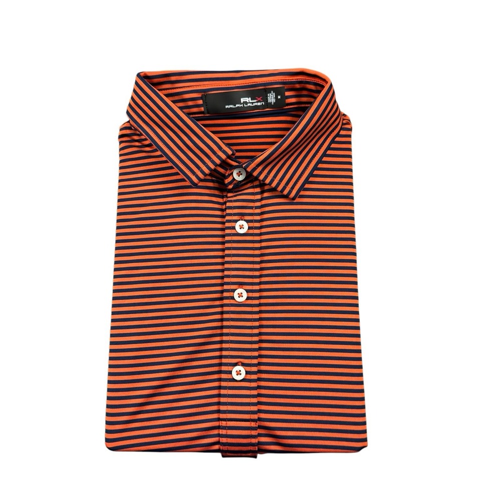RLX Ralph Lauren Orange Blue Striped Performance Mens S/S Polo Shirt Size M Mint